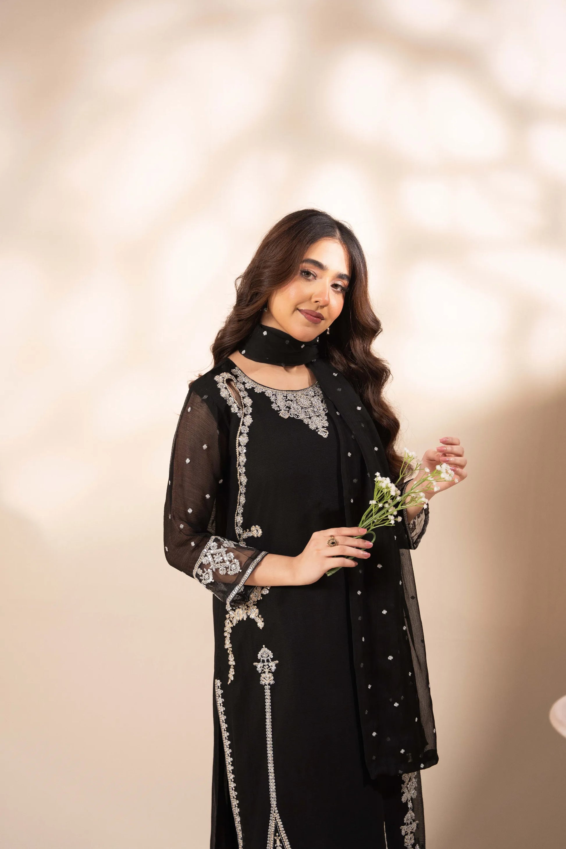 Elara Black – Luxury Black Chiffon Embroidered Sharara 3PC